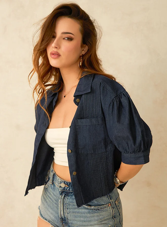 فيرجيو VIRGIO 100% Cotton  Dark Blue Denim Crop Shirt