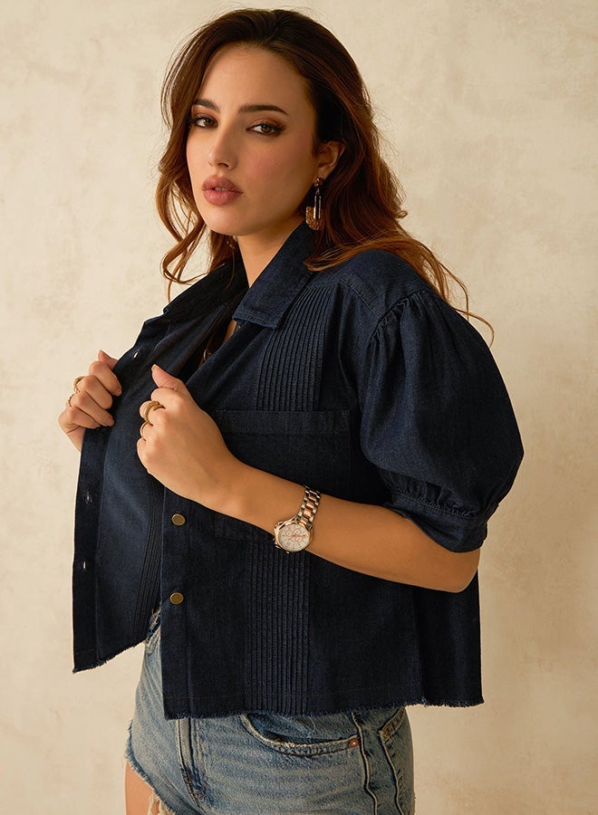 VIRGIO 100% Cotton  Dark Blue Denim Crop Shirt - Image 3