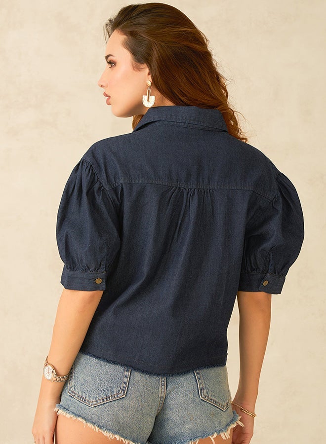 VIRGIO 100% Cotton  Dark Blue Denim Crop Shirt - Image 5