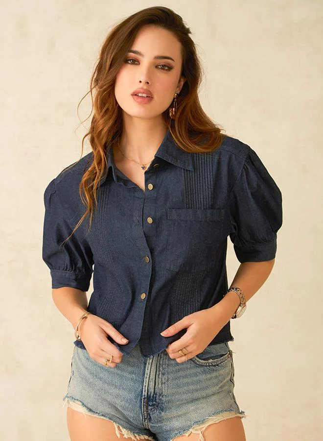 فيرجيو VIRGIO 100% Cotton  Dark Blue Denim Crop Shirt