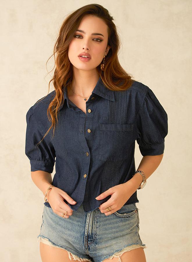 VIRGIO 100% Cotton  Dark Blue Denim Crop Shirt - Image 2