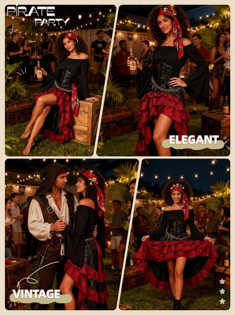 Verceco Pirate Costume Women with Renaissance Pirate Shirt Skirt Corset Waist Belt (Black+Red, M) - Image 5