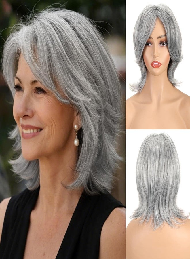 QUEENTAS 12" Gray Wigs for Women Grey Silver Medium Length Layered Wig with Curtain Bangs Glueless Natural Looking Synthetic Wigs for Thinning Hair Daily and Cosplay(Black Mixed Grey Siler) - Image 1