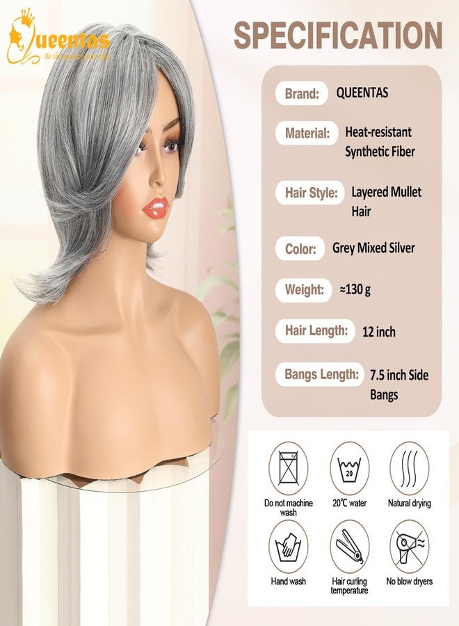 QUEENTAS 12" Gray Wigs for Women Grey Silver Medium Length Layered Wig with Curtain Bangs Glueless Natural Looking Synthetic Wigs for Thinning Hair Daily and Cosplay(Black Mixed Grey Siler) - Image 2