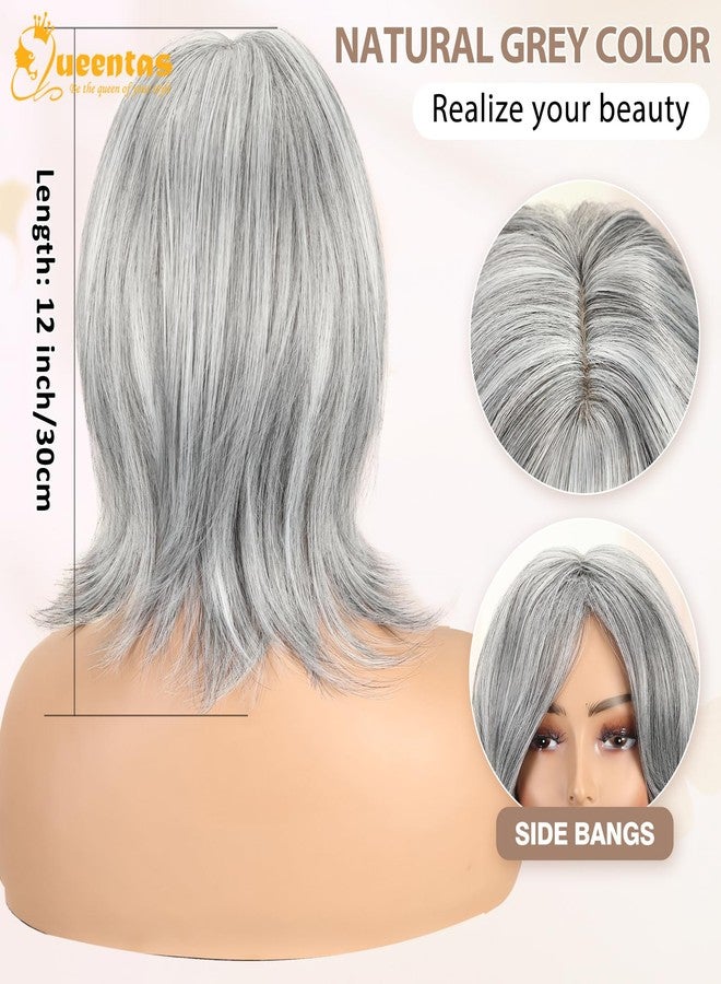 QUEENTAS 12" Gray Wigs for Women Grey Silver Medium Length Layered Wig with Curtain Bangs Glueless Natural Looking Synthetic Wigs for Thinning Hair Daily and Cosplay(Black Mixed Grey Siler) - Image 3