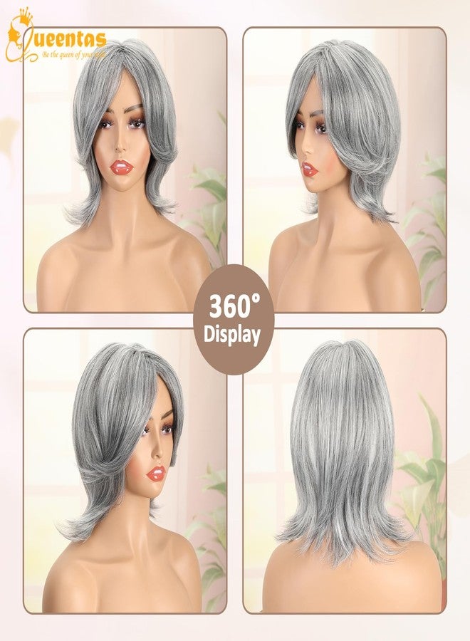 QUEENTAS 12" Gray Wigs for Women Grey Silver Medium Length Layered Wig with Curtain Bangs Glueless Natural Looking Synthetic Wigs for Thinning Hair Daily and Cosplay(Black Mixed Grey Siler) - Image 5
