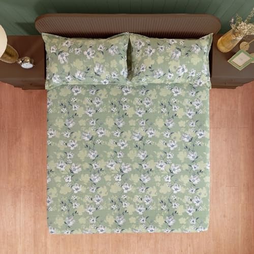 Swayam Roto Cotton Double Bedsheet with 2 Pillow Covers | Size 90 x 100 inch | 144 TC | Floral Design | Soft Breathable Bed Sheet | Comfortable & Durable for Bedroom - Green - Image 1