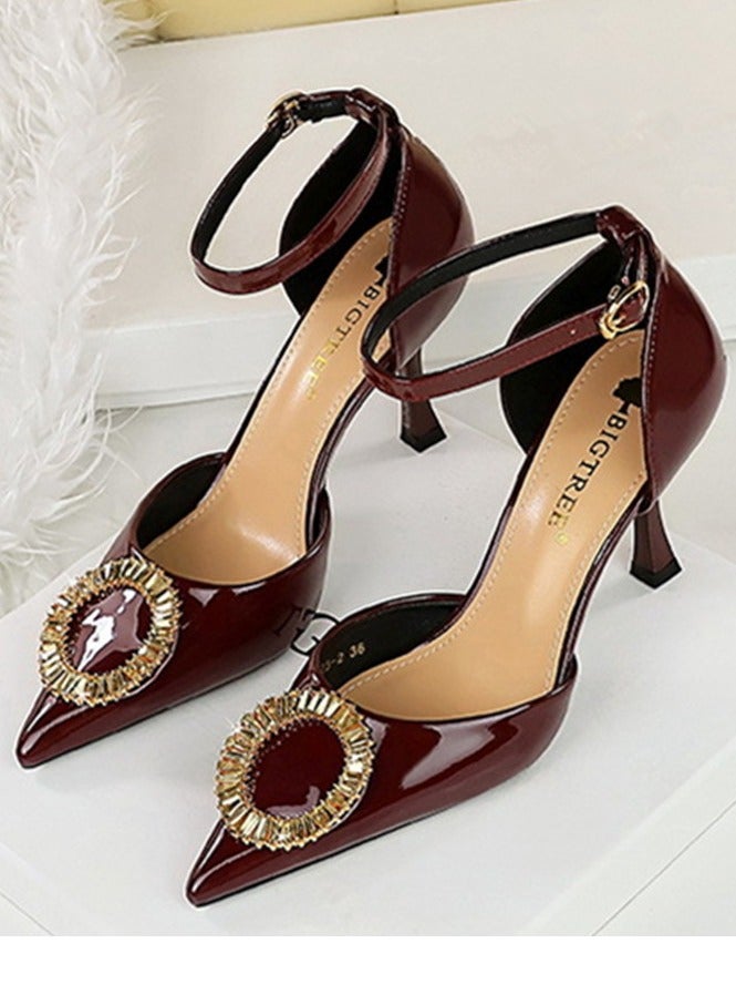BIGTREE Women's Patent Leather Closed Pointed Toe High Heels With Ankle Straps Stiletto Pumps Dark Wine Red 8CM - Image 1