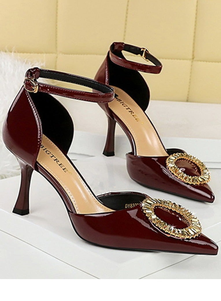 BIGTREE Women's Patent Leather Closed Pointed Toe High Heels With Ankle Straps Stiletto Pumps Dark Wine Red 8CM - Image 2