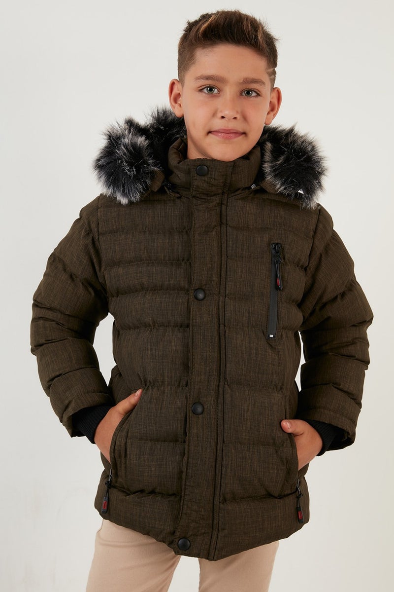 Lela Plush Lined Removable Hooded Winter Coat with Pockets Boys' Coat 5760024  - Image 3