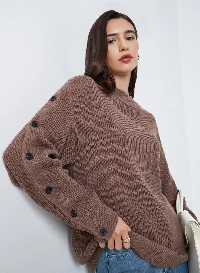 Styli Brown Regular Fit Button-Detail Sweater
