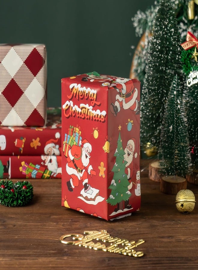 EWES Vintage Santa Christmas Wrapping Paper Rolls Set,Red Funny Kids Gift Wrap,Retro Cute Cartoon from North Pole,Burgundy Plaid Reversible,Total 28.5sq.ft - Image 4