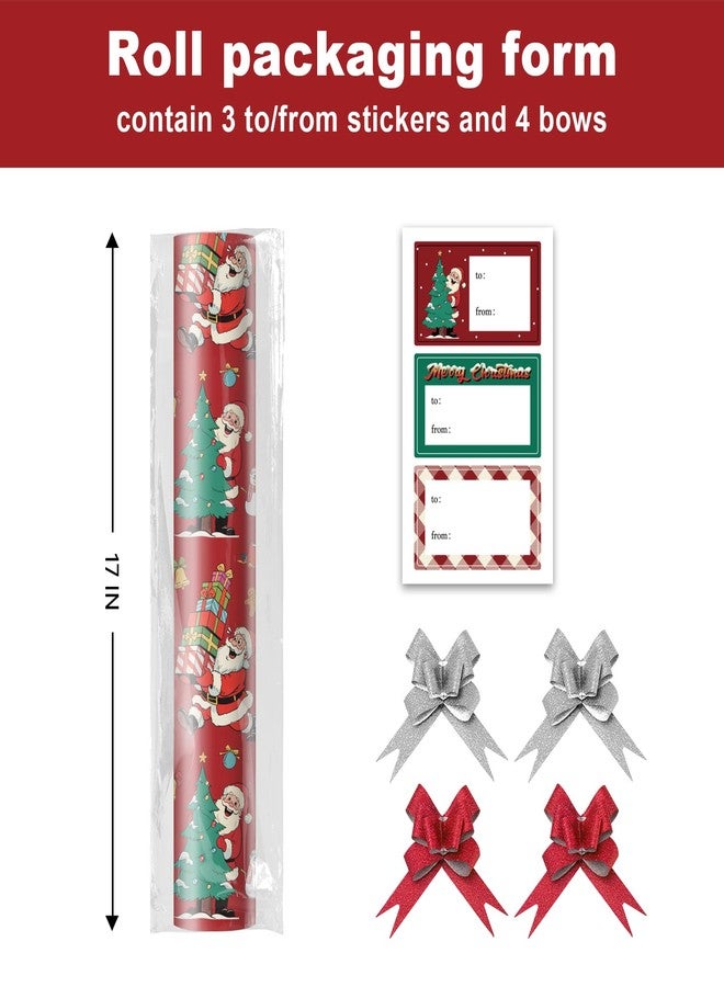 EWES Vintage Santa Christmas Wrapping Paper Rolls Set,Red Funny Kids Gift Wrap,Retro Cute Cartoon from North Pole,Burgundy Plaid Reversible,Total 28.5sq.ft - Image 2
