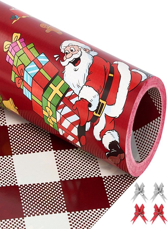 EWES Vintage Santa Christmas Wrapping Paper Rolls Set,Red Funny Kids Gift Wrap,Retro Cute Cartoon from North Pole,Burgundy Plaid Reversible,Total 28.5sq.ft - Image 1