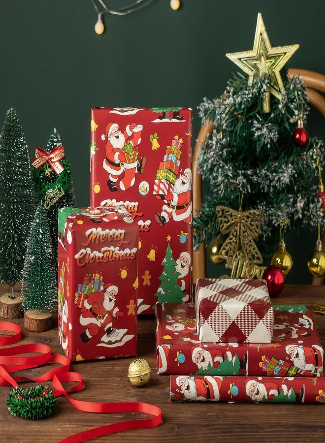 EWES Vintage Santa Christmas Wrapping Paper Rolls Set,Red Funny Kids Gift Wrap,Retro Cute Cartoon from North Pole,Burgundy Plaid Reversible,Total 28.5sq.ft - Image 3