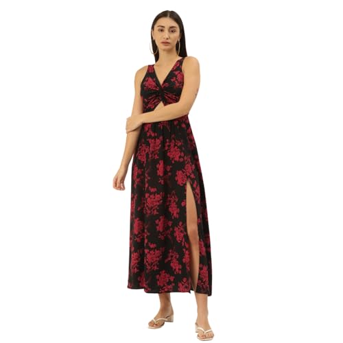 Berrylush Women Black & Red Floral Printed V-Neck Front Cutout Thigh-High Slit Flared A-Line Maxi Dress - Image 1
