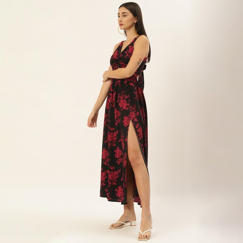 Berrylush Women Black & Red Floral Printed V-Neck Front Cutout Thigh-High Slit Flared A-Line Maxi Dress - Image 3