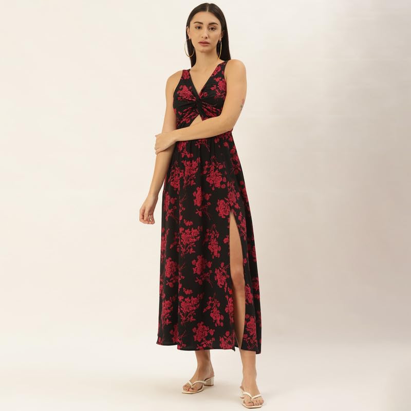 Berrylush Women Black & Red Floral Printed V-Neck Front Cutout Thigh-High Slit Flared A-Line Maxi Dress - Image 2
