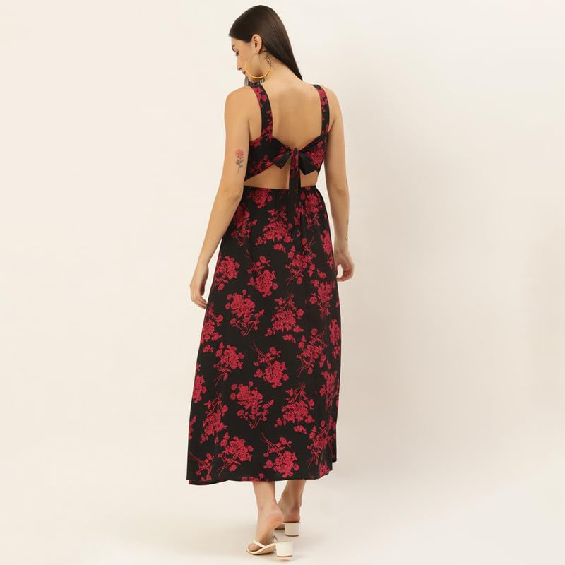 Berrylush Women Black & Red Floral Printed V-Neck Front Cutout Thigh-High Slit Flared A-Line Maxi Dress - Image 4