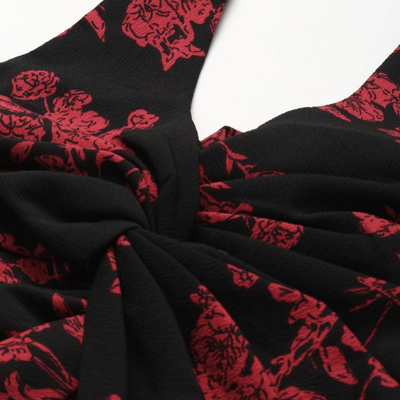 Berrylush Women Black & Red Floral Printed V-Neck Front Cutout Thigh-High Slit Flared A-Line Maxi Dress - Image 5
