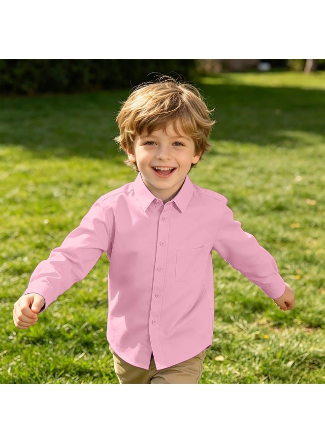 Bovvflex Boys Shirt with Pocket Solid Long Sleeve Button Down Uniform Shirts for Toddlers Teens (2-18 Years), Pink, 7 - Image 2