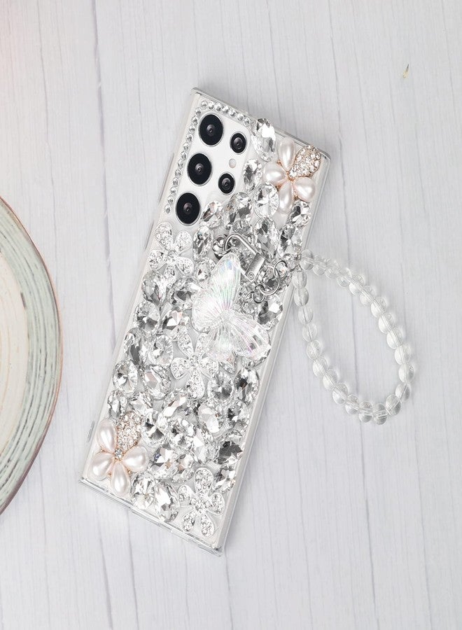 أوميو جراب Omio متوافق مع سامسونج جالاكسي S24 فائق اللمعان مع سوار سلسلة يد، سوار فراشة لطيف، ثلاثي الأبعاد مصنوع يدويًا، مرصع بكريستال لامع، جراب هاتف من البولي كربونات الصلب للنساء والفتيات، أبيض - Image 3