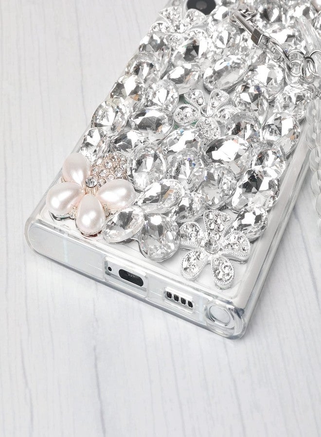 أوميو جراب Omio متوافق مع سامسونج جالاكسي S24 فائق اللمعان مع سوار سلسلة يد، سوار فراشة لطيف، ثلاثي الأبعاد مصنوع يدويًا، مرصع بكريستال لامع، جراب هاتف من البولي كربونات الصلب للنساء والفتيات، أبيض - Image 5