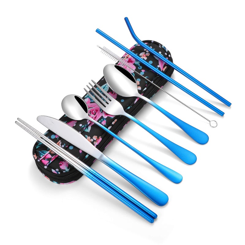 Travel UtensilsReusable Silverware Set To Go Portable Cutlery Set with a Waterproof Carrying Case for Lunch Boxes Workplace Camping Picnic GraBlue
