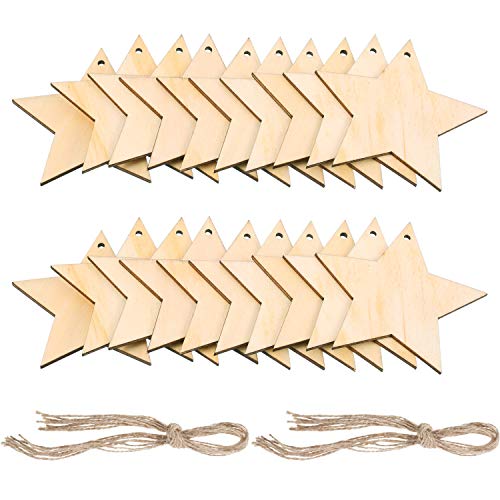 Pangda 20 Packs 3.15 Inch Wooden Star Cutouts Hanging Ornaments with Strings for Christmas Wedding, DIY, Craft, Festival, Decoration, Embellishments - Image 1