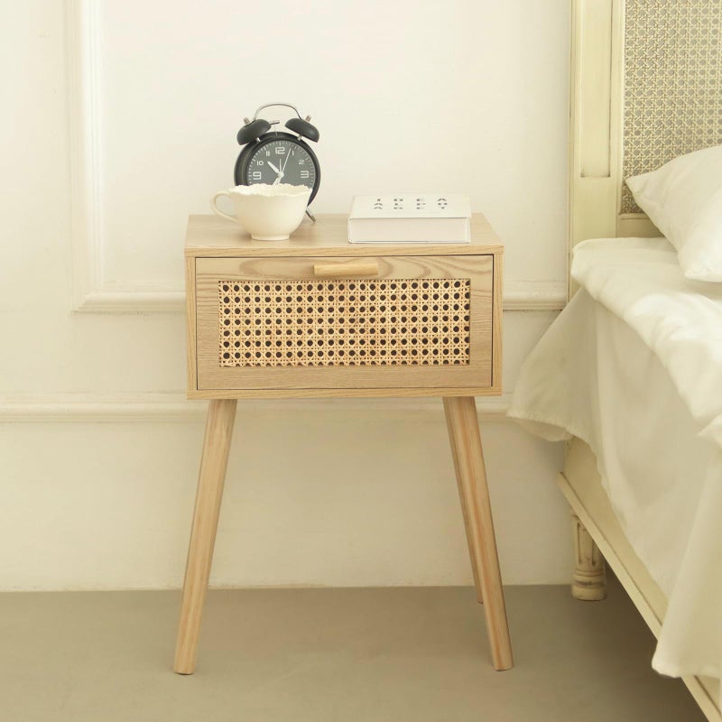 AWASEN Rattan Nightstand, Bedside Table with Rattan Drawer, Wood End Table with Storage and Solid Wood Legs for Bedroom Living Room Small Space (Walnut) - Image 1