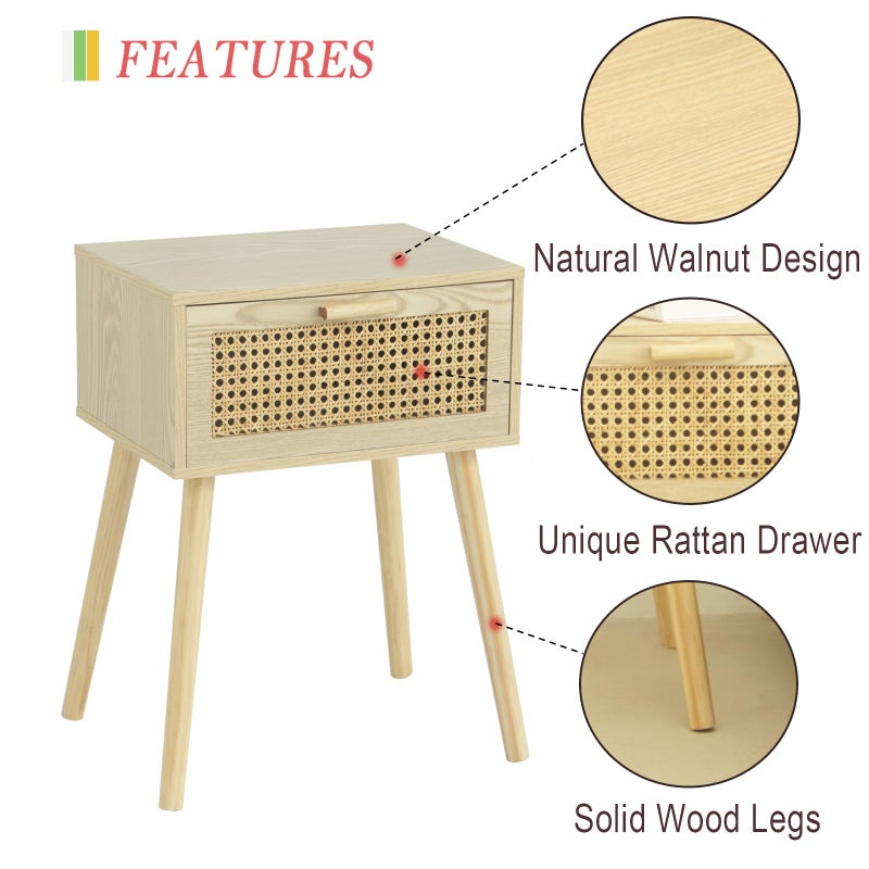 AWASEN Rattan Nightstand, Bedside Table with Rattan Drawer, Wood End Table with Storage and Solid Wood Legs for Bedroom Living Room Small Space (Walnut) - Image 2
