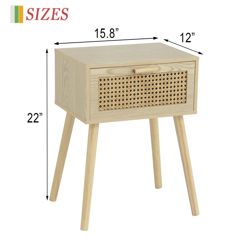 AWASEN Rattan Nightstand, Bedside Table with Rattan Drawer, Wood End Table with Storage and Solid Wood Legs for Bedroom Living Room Small Space (Walnut) - Image 3
