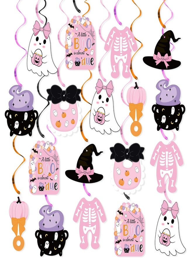 K KUMEED 20 PCS Halloween Baby Shower Decorations,Pink and Purple A Little Boo is Almost Due Hanging Swirl Decorations for Girls,Ghost Pumpkin Foil Swirls Ceiling for Halloween Baby Shower Outdoor Indoor - Image 1