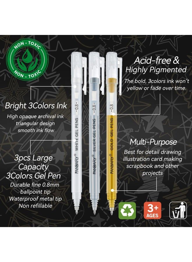 PANDAFLY Gold Silver White Gel Pens, 0.8mm Fine Point Opaque Archival Ink Pen for Journaling, Art, or Drawing - For Artist Gifts, Holiday Gifts & DIY Projects, 3 Pack - Image 3