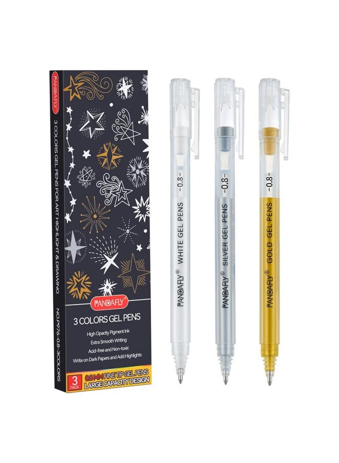 PANDAFLY Gold Silver White Gel Pens, 0.8mm Fine Point Opaque Archival Ink Pen for Journaling, Art, or Drawing - For Artist Gifts, Holiday Gifts & DIY Projects, 3 Pack - Image 1