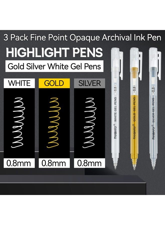 PANDAFLY Gold Silver White Gel Pens, 0.8mm Fine Point Opaque Archival Ink Pen for Journaling, Art, or Drawing - For Artist Gifts, Holiday Gifts & DIY Projects, 3 Pack - Image 2