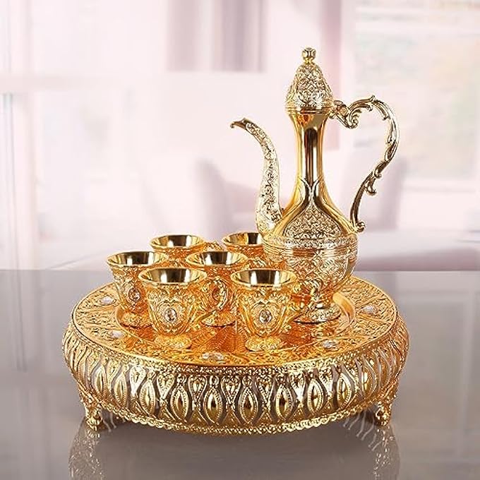 rayihni 8Pack Metal Tea Jug SetWine SetVintage European Style Art Crafts Wedding Gift Wine Pot Kit With Luxury Cups  Craft Tea Tray For Serving Tea Coffee Wine Golden - Image 1