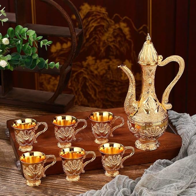 rayihni 8Pack Metal Tea Jug SetWine SetVintage European Style Art Crafts Wedding Gift Wine Pot Kit With Luxury Cups  Craft Tea Tray For Serving Tea Coffee Wine Golden - Image 4