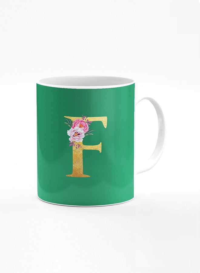 Stylizedd Designer Printed Coffee Mug 11oz Ceramic Personalised Gift Mugs Cup -Custom Monogram Initial Letter Floral Pattern Alphabet - F (Dark Spring Green)  - Image 1