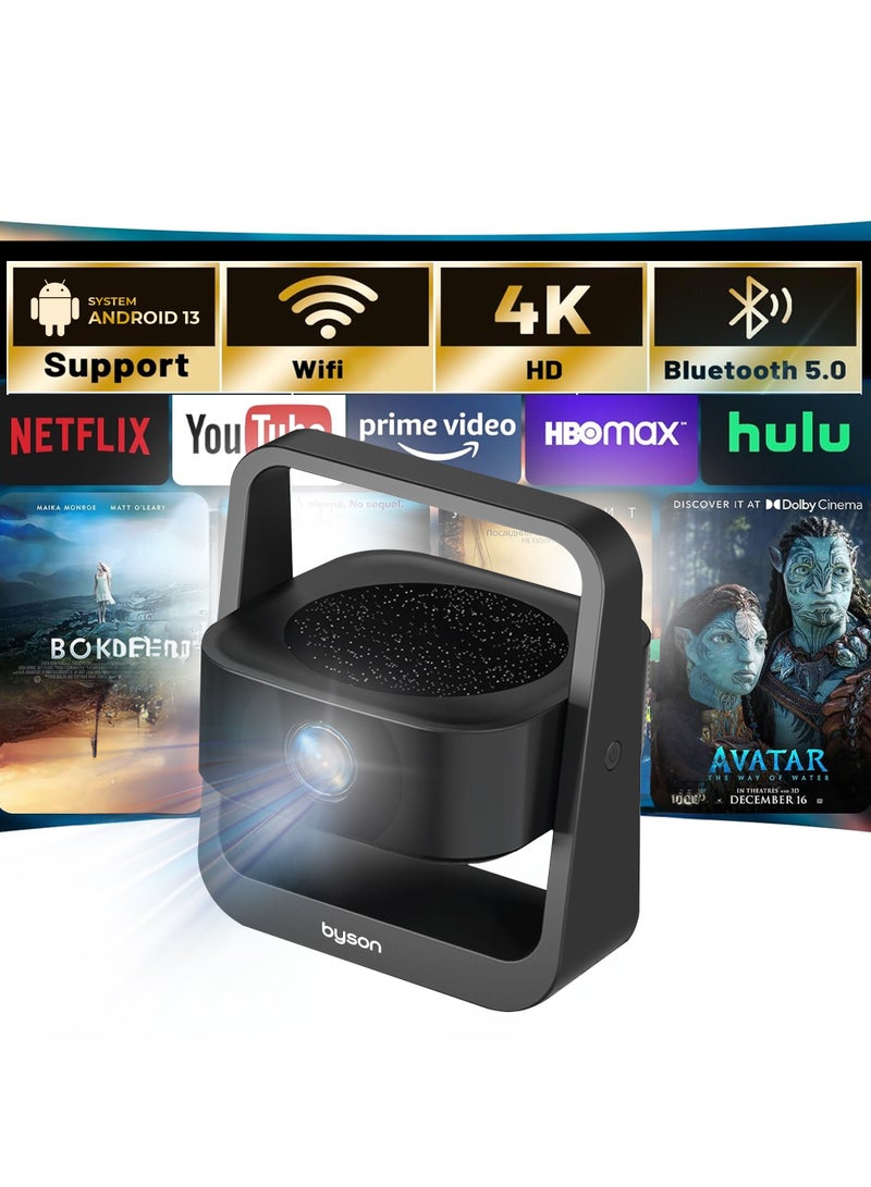 BYSON جهاز عرض ميني ذكي 4K HDR مع أندرويد 13، واي فاي 5G، دوران 360°، تصميم محمول للسينما المنزلية، الألعاب والعروض التقديمية، شاشة 150 بوصة، مدمج وخفيف الوزن - Image 1