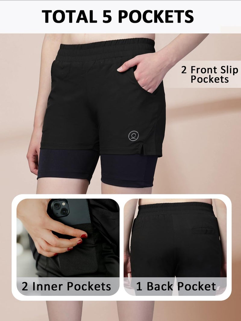 CHKOKKO Gym Shorts for Women Workout Sports Running Quick Dry Fit Double Layer Inner Compression with Pockets Breathable Lightweight Wear BlackNavy L - Image 3