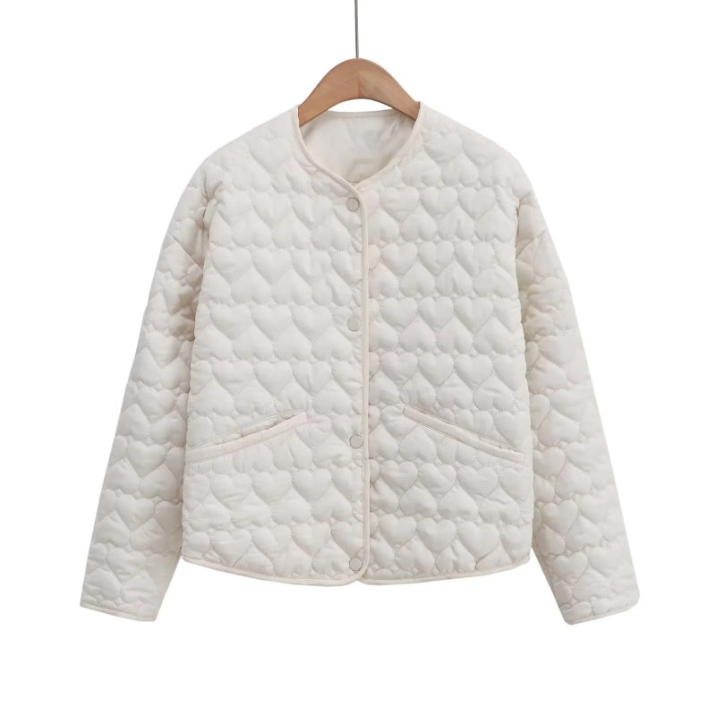 Ladies Autumn Winter round Neck Long Sleeve Cotton Jacket Single Button Trendy Style Three Color Heart Padded Coat Female Model Low 9355 white cotton clothing