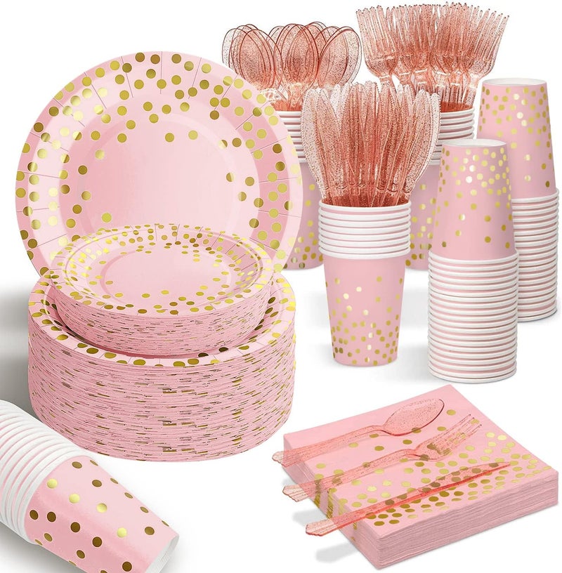 AIRE 175PCS Pink and Rose Gold Glitter Party Supplies, Severs 25 Disposable Party Dinnerware, Plastic Forks Knives Spoons, Golden Dot Paper Plates, Napkins Cups for Baby Shower, Birthday, Wedding - Image 1