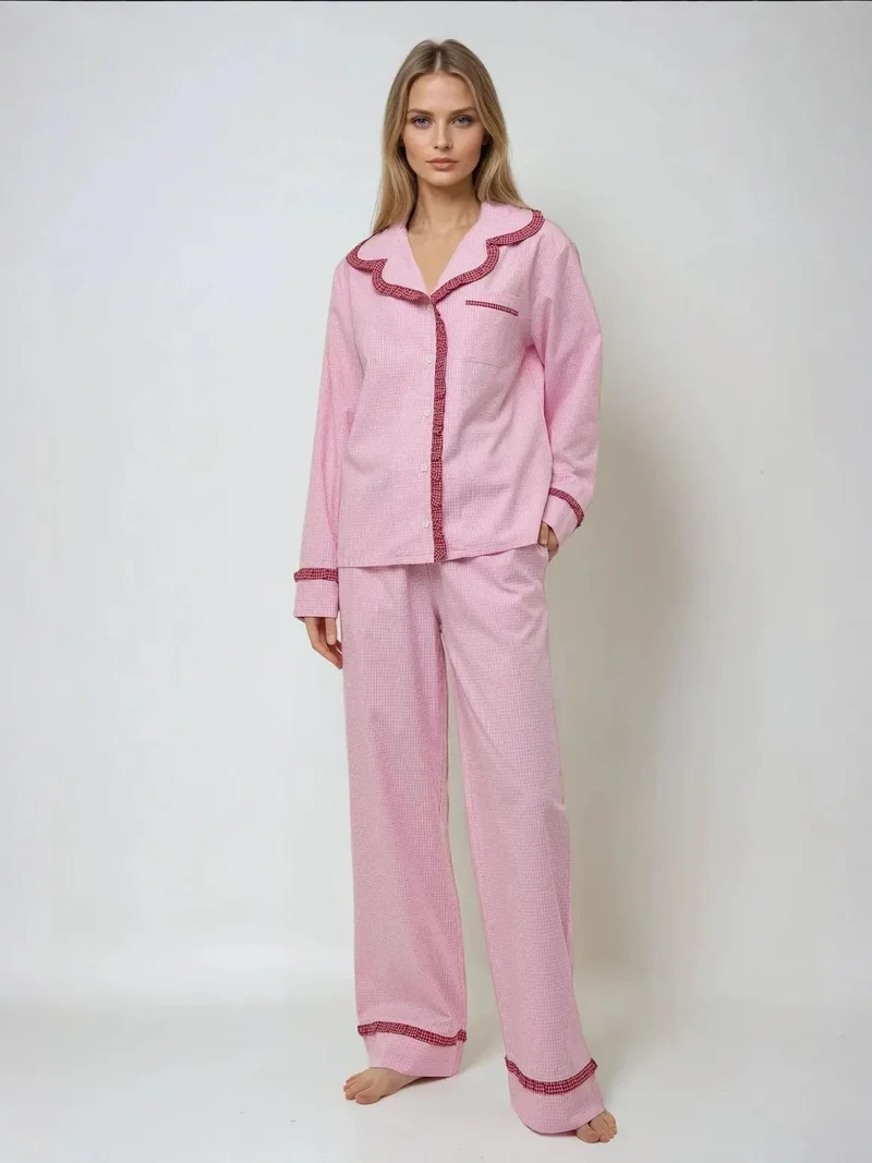 Hiccup Carnation Pink Shirt Collar Cotton Plaid Pajama Set for Women | Best Price UAE