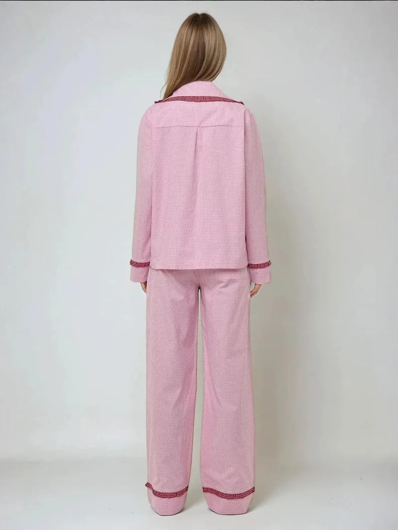 Hiccup Carnation Pink Shirt Collar Cotton Plaid Pajama Set for Women | Best Price UAE