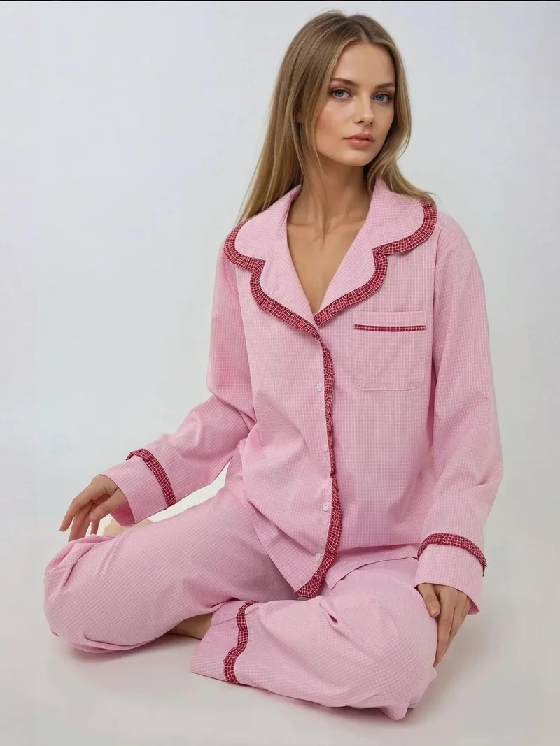 HICCUP Shirt Collar Cotton Plaid Pajama Set