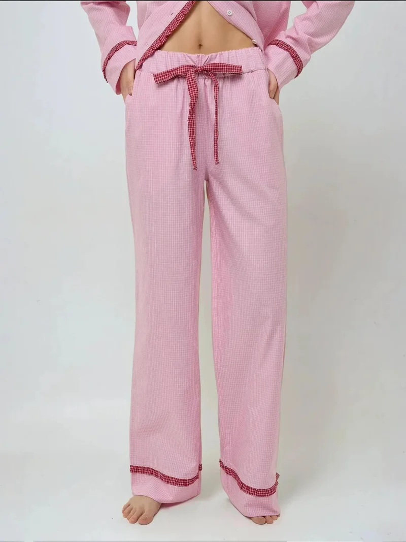 Hiccup Carnation Pink Shirt Collar Cotton Plaid Pajama Set for Women | Best Price UAE