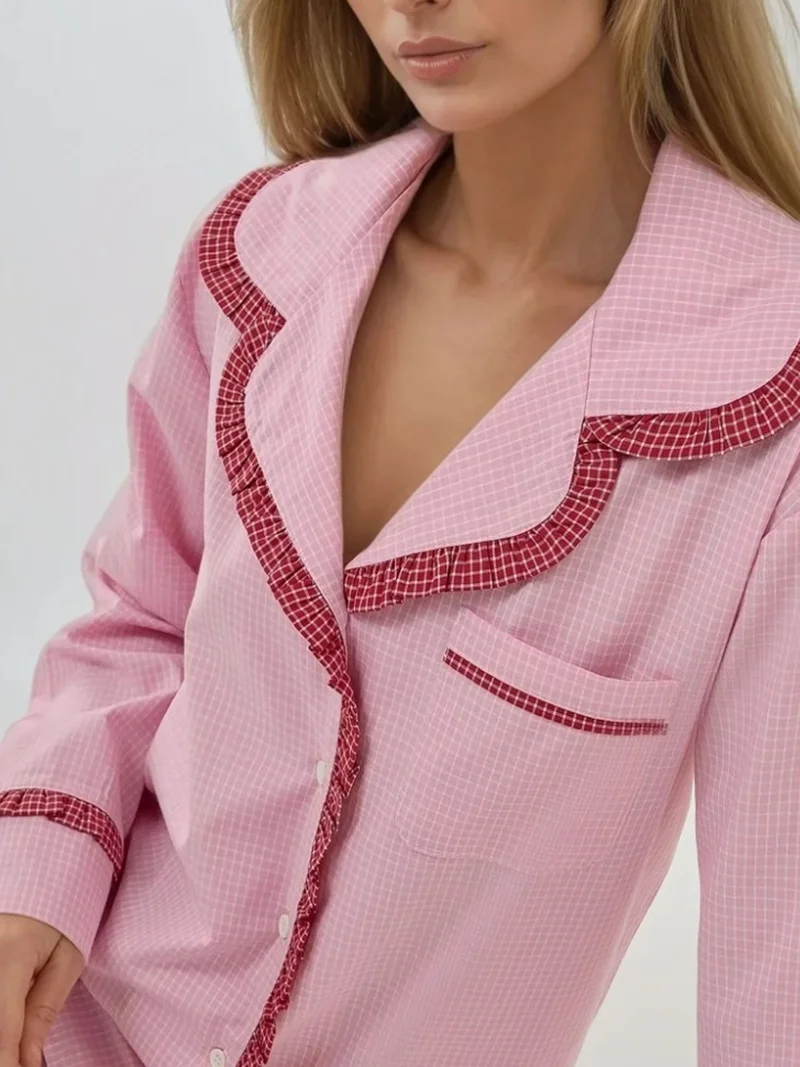 HICCUP Shirt Collar Cotton Plaid Pajama Set