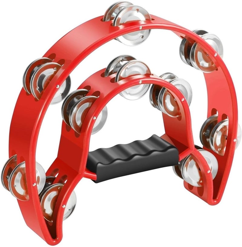 Flexzion Tambourine Metal Half Moon Musical Instruments Double Row Metal Jingles Hand Held Instruments Percussion with Ergonomic Handle Grip, Tambourines for Adults Church, Red - Image 1