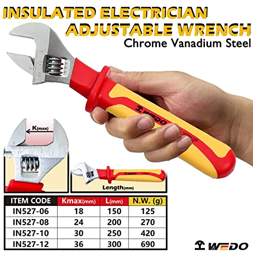 WEDO Insulated Adjustable Wrench 10 VDE 1000V Adjustable Injection Spanner Electricians Safety Wrench Chrome Vanadium Steel AntiSlip Handles IEC 60900 Open max 30mm - Image 3